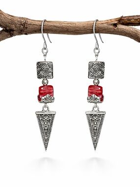 Boho Red Silver Dangle Earrings